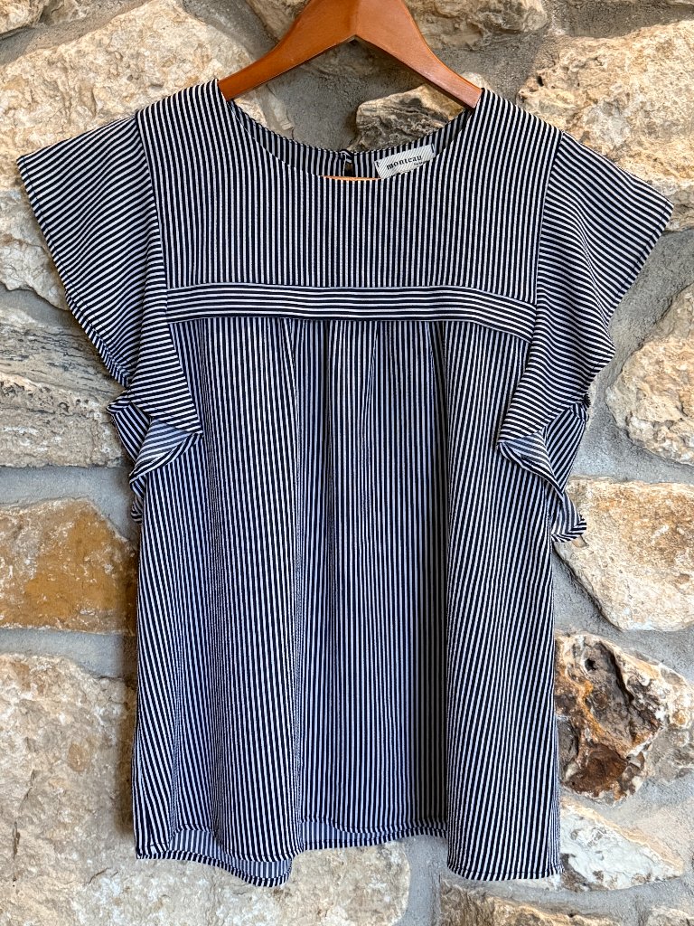 Airy Blue White Striped Ruffle Sleeve Feminine Blouse Sz M